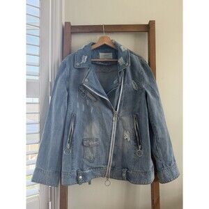 BAGATELLE Jacket Womens Medium, Blue Oversized Distressed Denim Biker Isometric